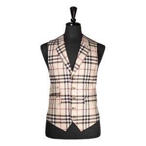 Mens Vest 42R Beige Red Plaid Check Wool Waistcoat Formal Casual Wedding Party